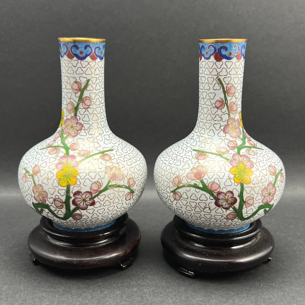 Vintage Cloisonne Vases Cherry Blossom White Pink Yellow Wood Stands Pair 4"